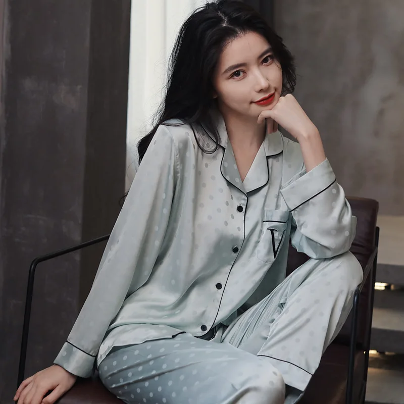 Jacquard Dot Women Sleepwear 2 Pieces Pajamas Set Satin Nightwear Casual Lounge Wear Autumn New Nightgown Pyjamas Homewear