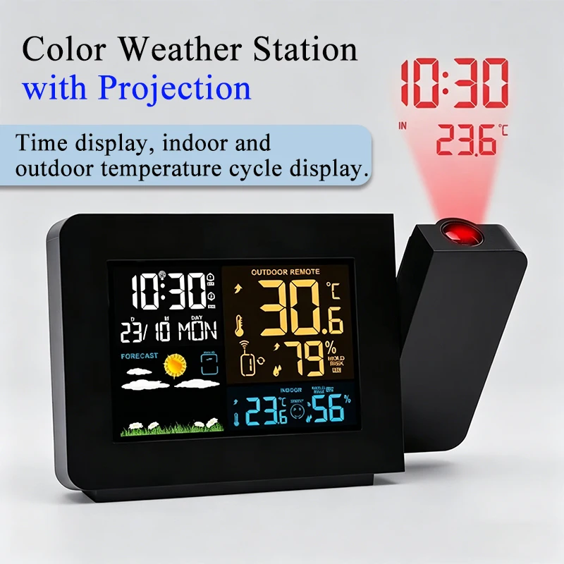 

EU Plug Digital Alarm Clock Weather Station LED Temperature Humidity Weather Forecast Snooze Table Clock With Time Projection
