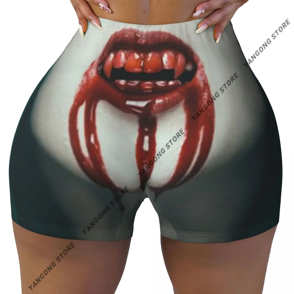 Spandex Yoga Shorts for Women Realistic Scary Vampire Woman Blood On Her Teeth Close Up Horrifying Image Workout Booty Shorts