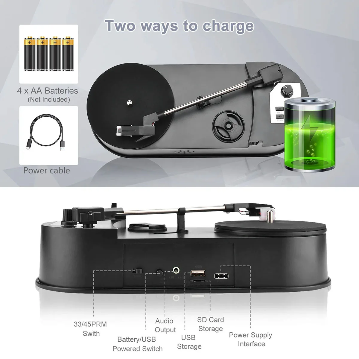 Portable Phonograph 33/45RPM Turntable Player Converter Save Vinyl Music Records to MP3 TF Card/USB Built in Speaker No Need PC