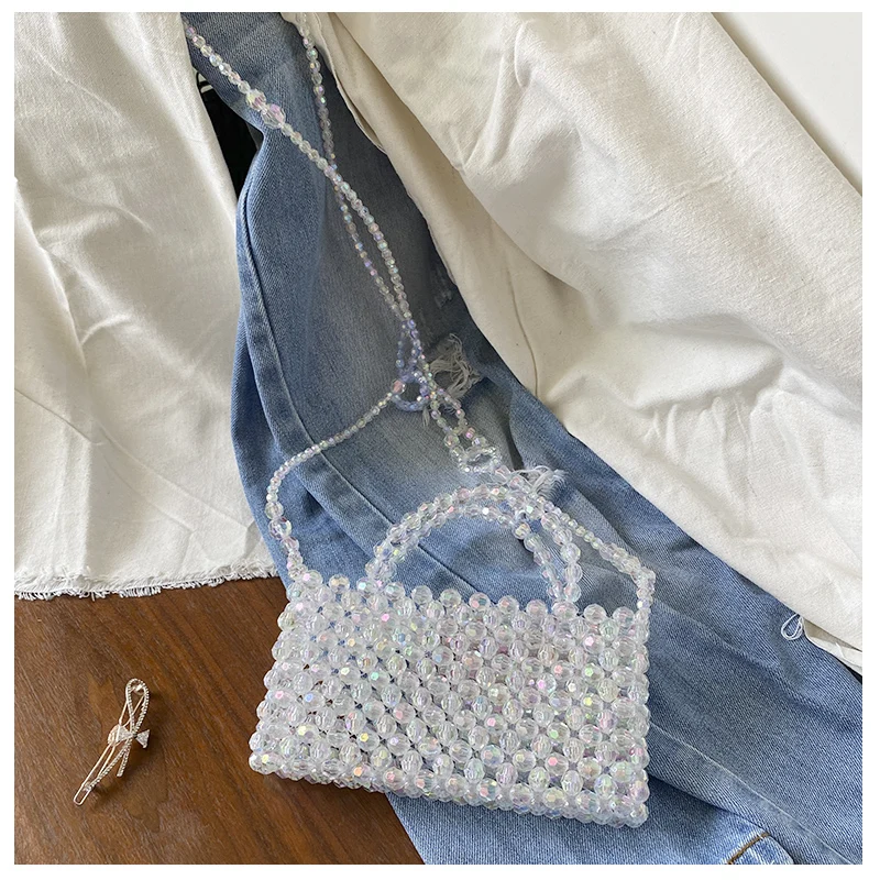 Elegant Pearl Transparent Shiny Wome Phone Bag Cute Hand-beaded Travel Vacation Beach Bag Hand-woven Purse Clear Summer