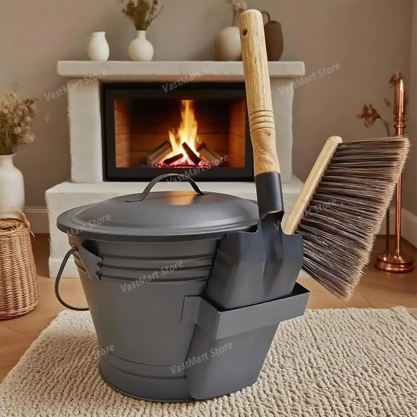 Metal Fireplace Ash Bucket Kit with Lid, Shovel & Broom, High Temp Resistant Ash Collector for Fire Pit & Wood Stove