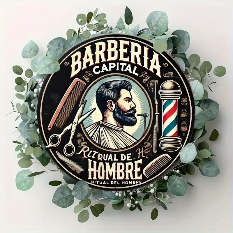 [2D Plano] Letrero Metálico Vintage para Pared de Barbería de 20.32x20.32 cm - "Barberia Capital" con Ilustración de Hombre Barbudo, Navaja y Tijeras