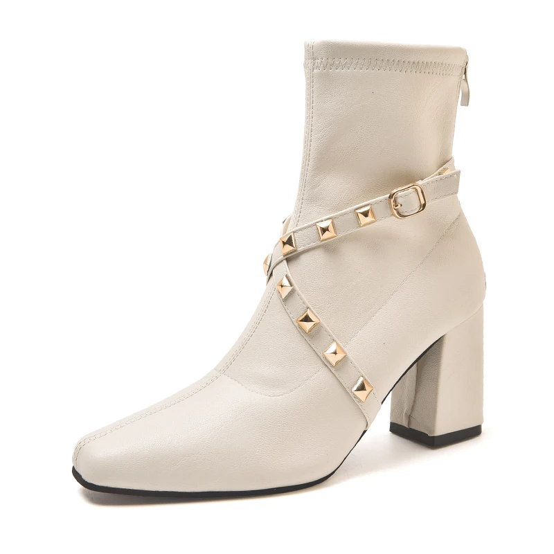 Shoes for Women 2023 New Rivet Design Female High Heel Shoes Winter Fashionable Square Toe Women's Ankle Boots Zapatos De Mujer