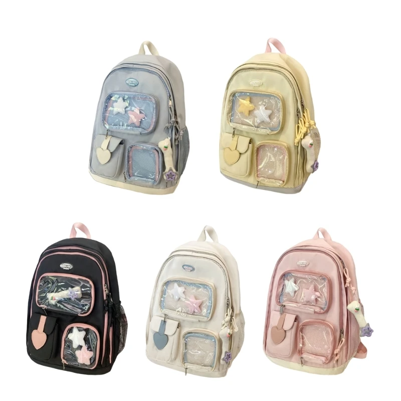 Teens Girls Korean Aesthetic Backpack with Clear Pockets Pin Display Laptop Bag Large Capacity School Book Bag Daypack