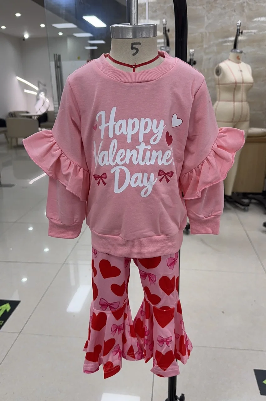 

Toddler Clothes Baby Girl Valentines 2 Pcs Outfit Ruffled Trim Print Long Sleeve Sweatshirt Pants Children's Clothing Set