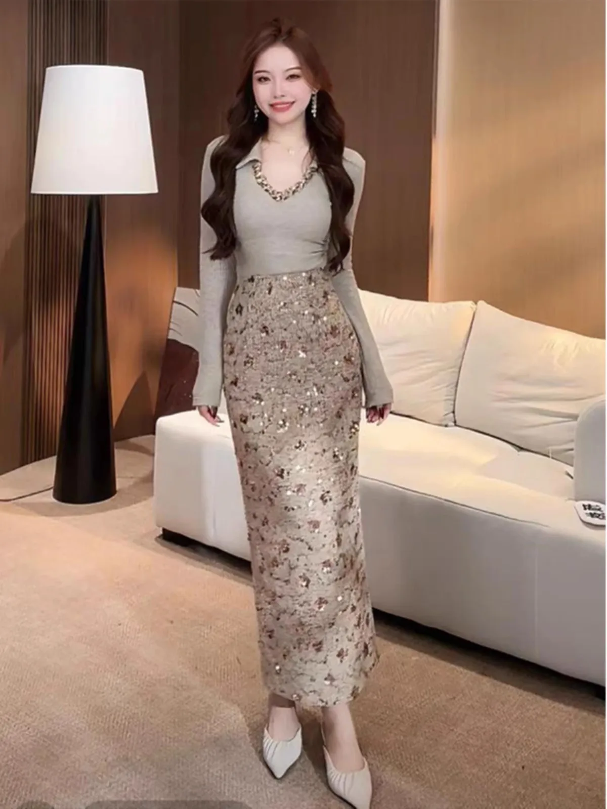 Sexy Pure Desire Knitted A-Line Straight Skirt Women's Early Spring New Slimming Heavy Bright Sequin High Waist Bodycon Skirt