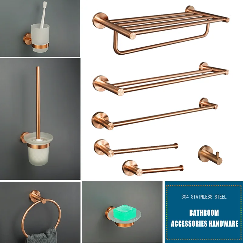 

Brushed Rose Gold Bathroom Accessories Stainless Steel Towel Rack Robe Hook Towel Ring Cup Holder Toilet Brush Hardware pendants