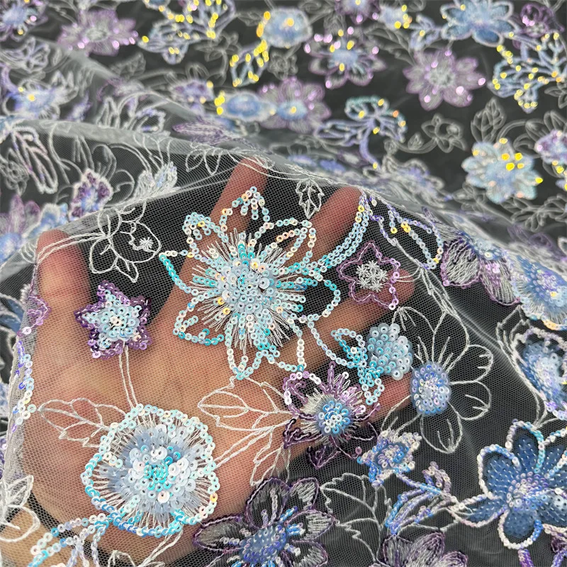 

1-ярдовая кружевная ткань с цветочной вышивкой и блестками, шитье свадебных платьев, вечерние платья, костюмы для выступлений, модная ткань для DIY