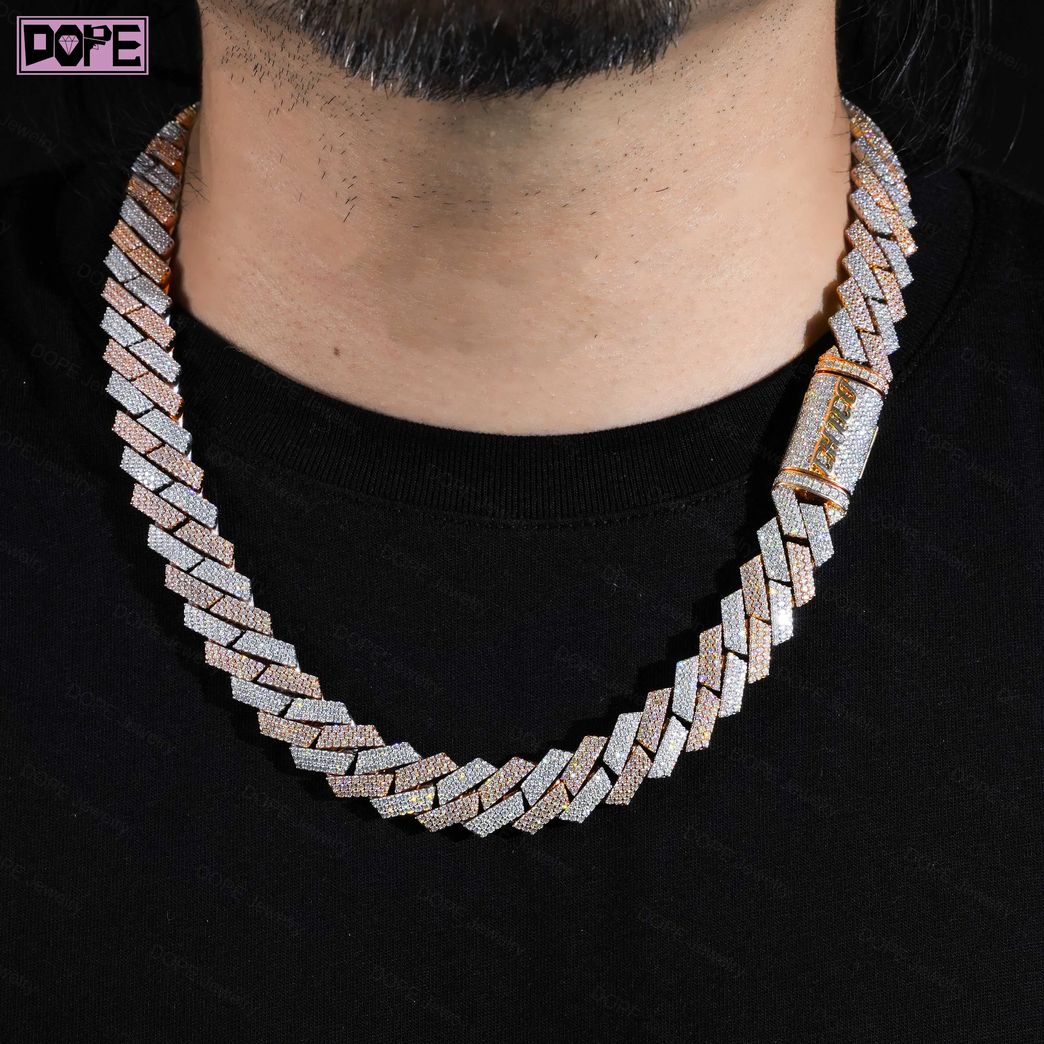 Tone Two 15mm Moissanite Chain Custom Iced Out Clasp VVS 925 Silver Rose Gold Plated Moissanite Cuban Chain.