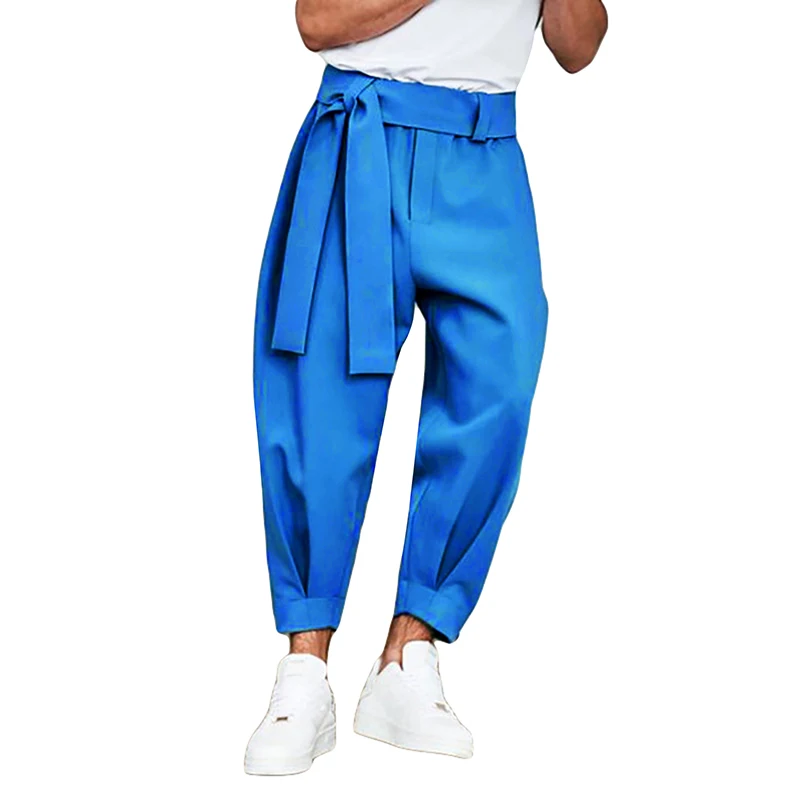 

Douhoow Men's Loose Casual Pants New Fashion Solid Color Ankle Length Pants Trousers with Belt Decoration Baggy Harem Pants