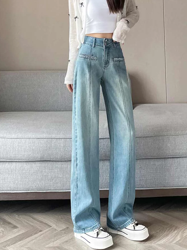 

Korean Summer Straight Jeans Female 2025 New High Waist Loose Simple All-Match Casual Wide-leg Cowboy Pants Female Trouser