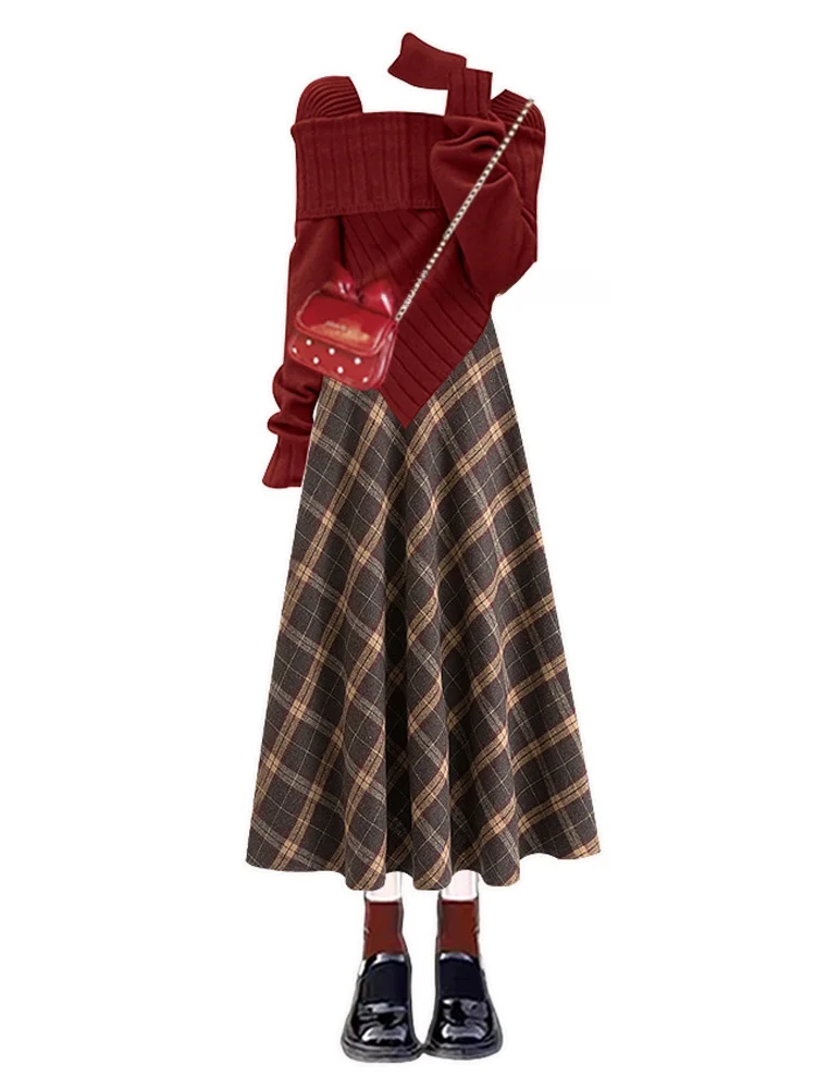 Maglione lavorato a maglia rosso e gonna a vita alta Set da due pezzi per donna Ele plus Size Abito di Capodanno V-Ne Long Sve