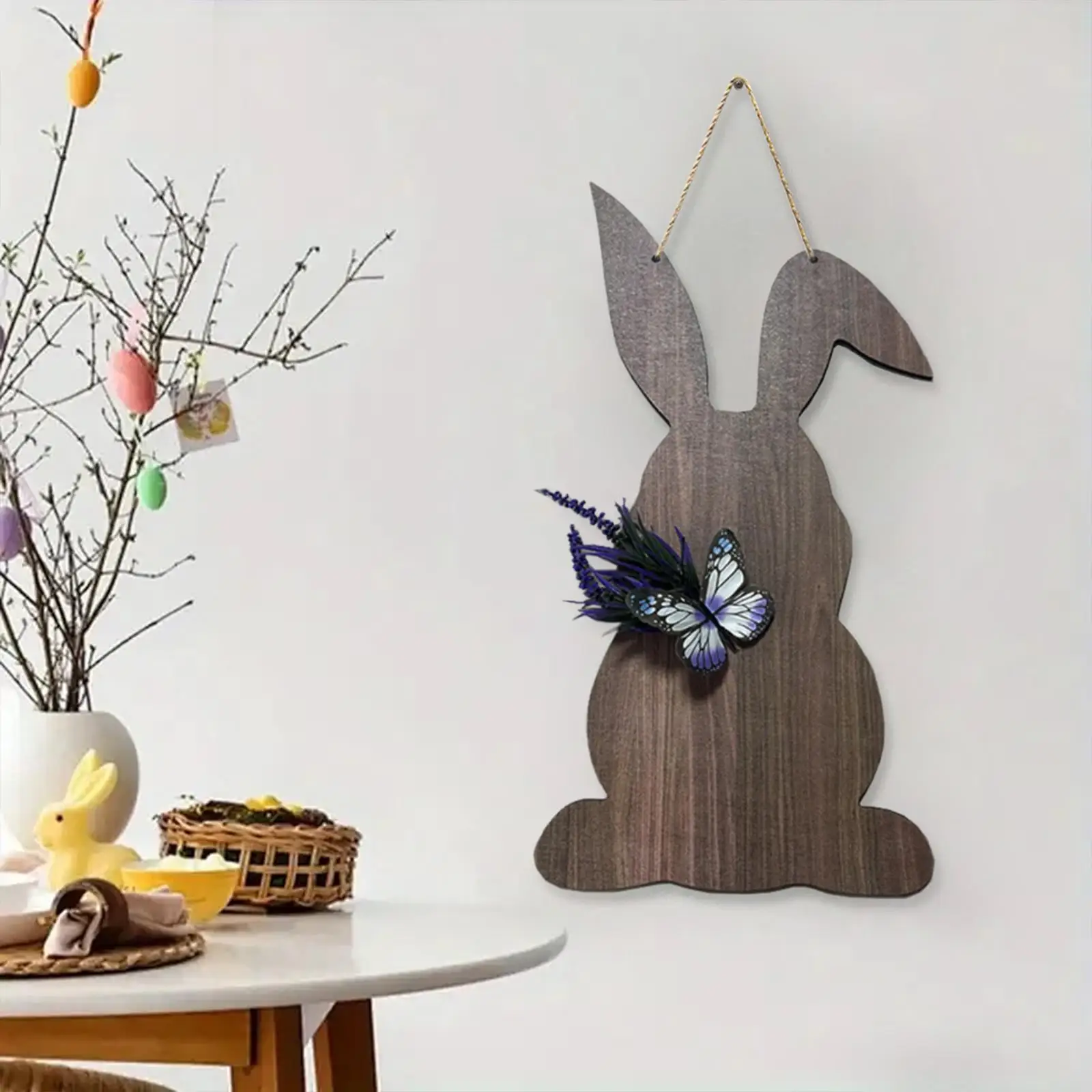 Conejo de Pascua, letrero de madera para puerta delantera, decoración rústica para el hogar, forma ligera de conejo