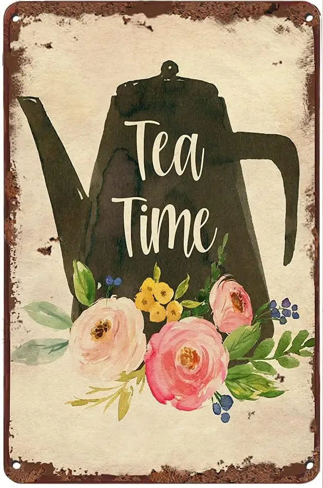 Retro Funny Metal Tin Sign Tea Time Floral Summer Wall Decor Farmhouse Decor for Home Cafes Office Store Pubs Club Sign 8 X 6 in