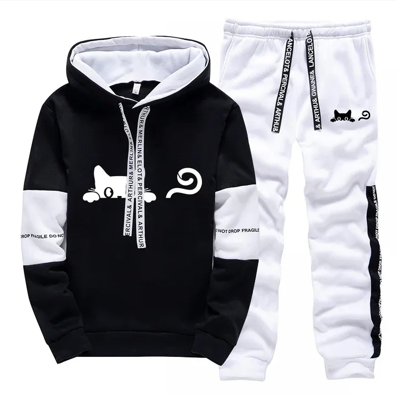 Autumn Winter Women Tracksuit Street Casual Hooded Sweatshirts Outdoors Sports Jogging Clothing Black White Single Hoodie Pants