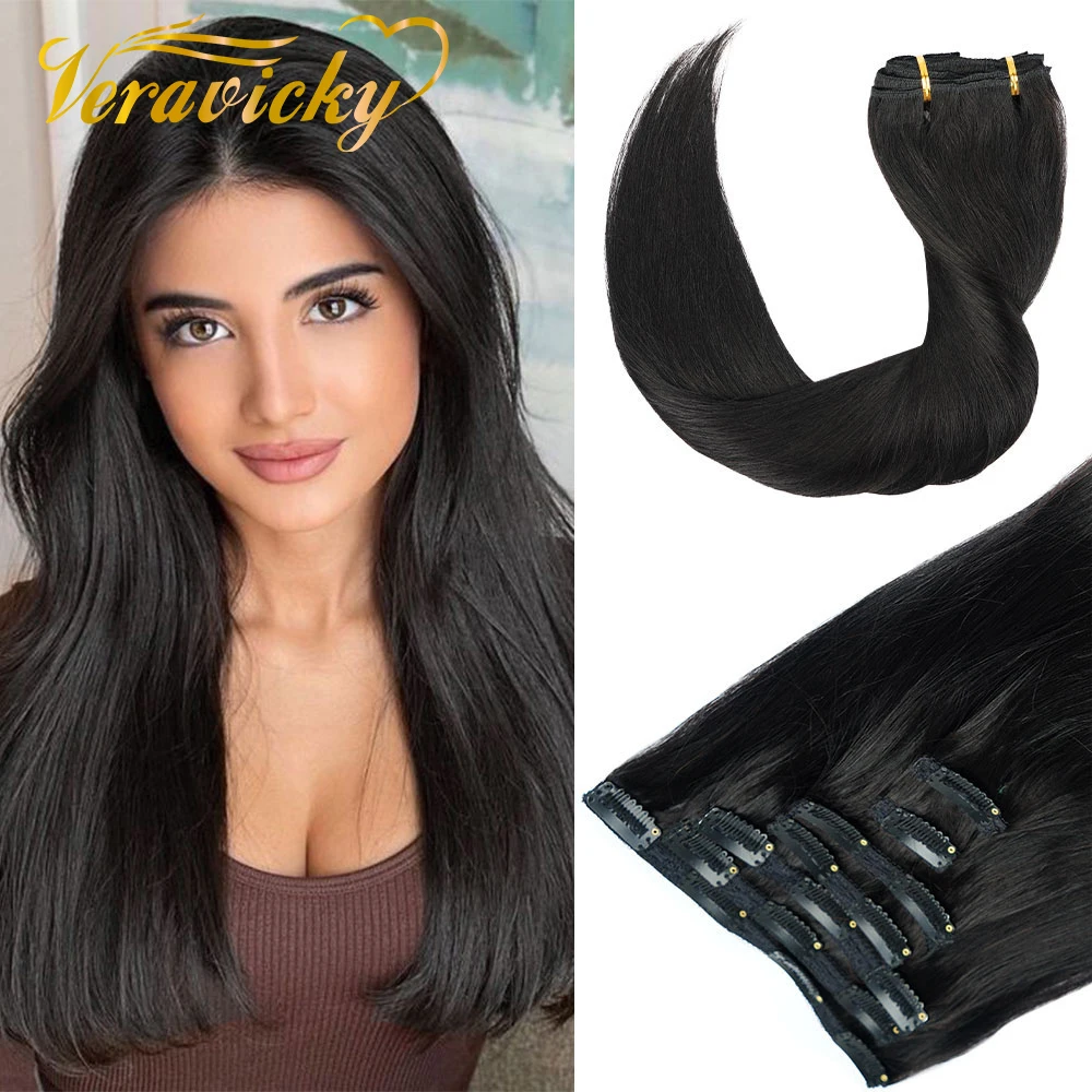 

Veravicky Clip In Hair Extensions Human Hair Brazilian Machine Remy Human Hair Weft with Clips On Real Hair 120g 7pcs On Sale