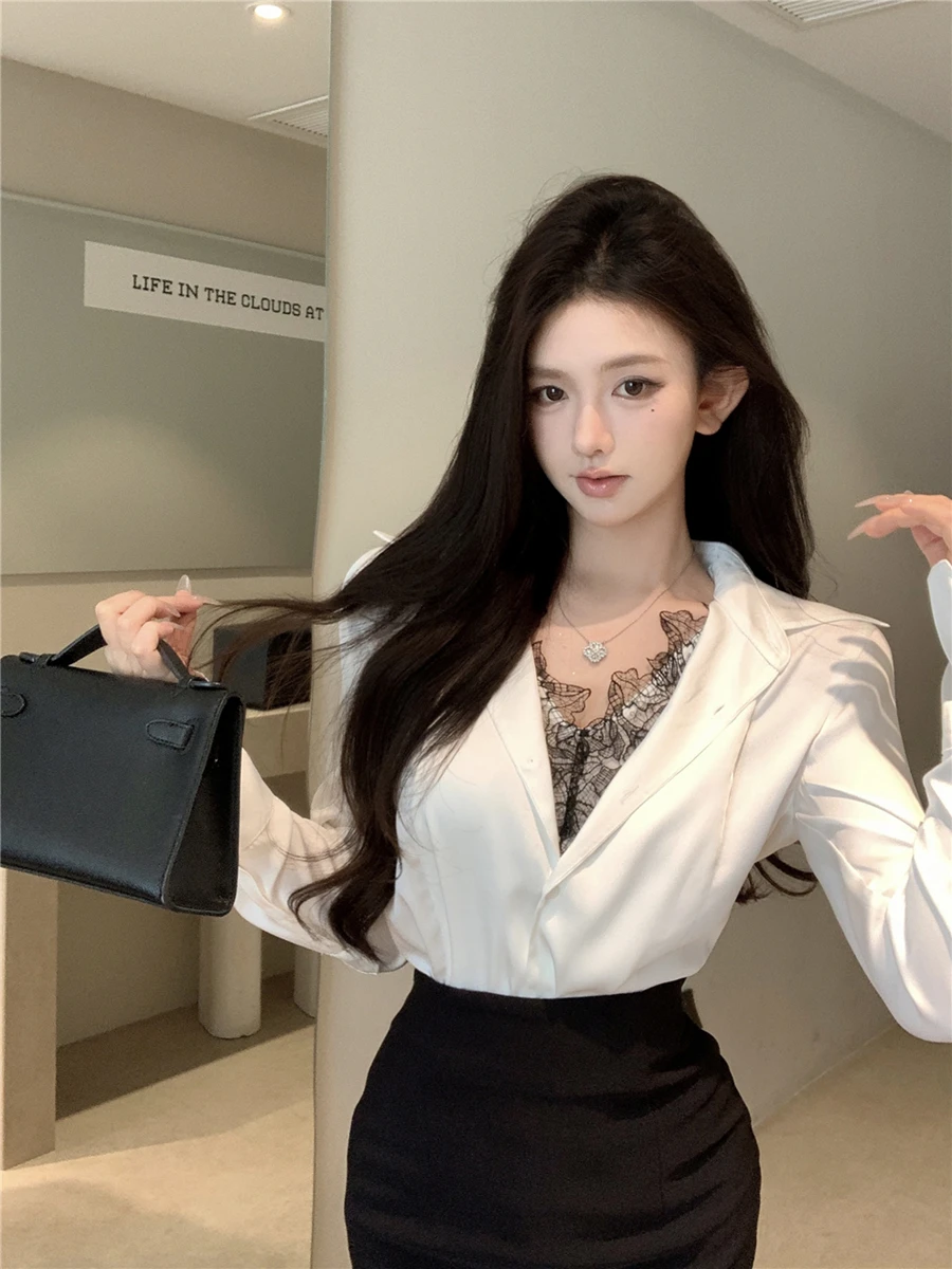 

Retro Sexy Lace Splice V-Neck Long Sleeve Satin Shirt High Waist Black Slit Bodycon Skirt Set Women's Commute Style Kore...