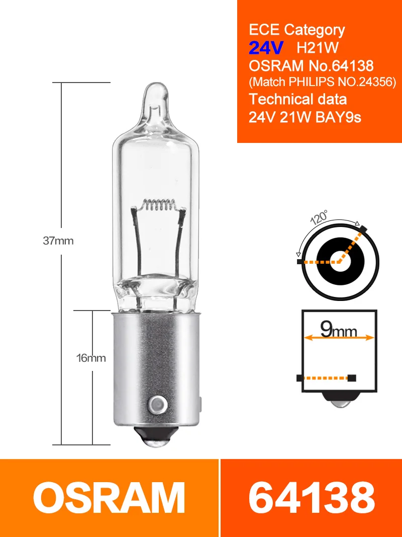OSRAM 24V  H21W 64138 24356 BAY9S Halogen Bulbs Truck Bus Van Lamps Engineering Vehicle Construction Machinery
