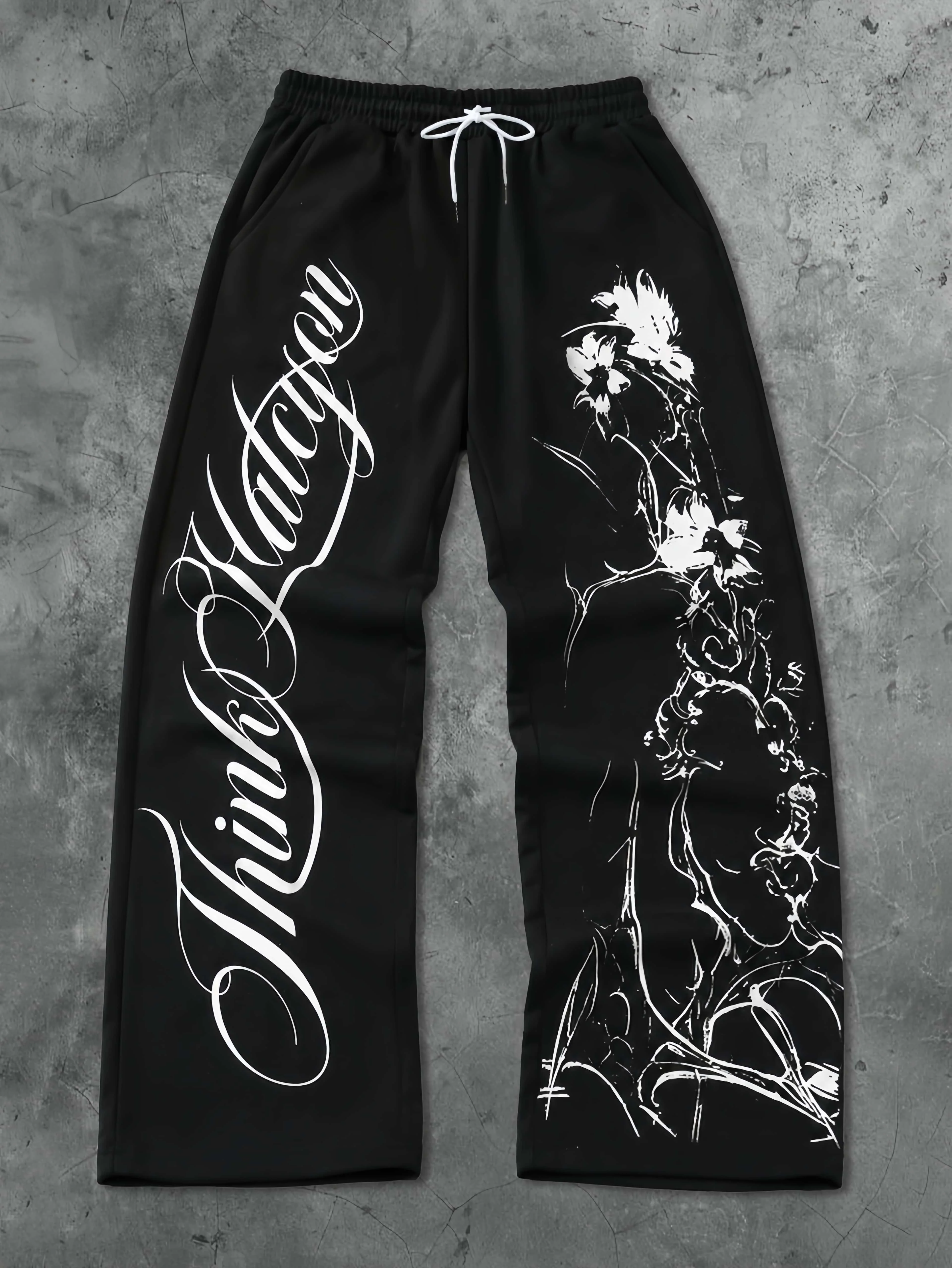 Subcultural Street Wide Leg Pants Flower Body English Sketch Flower Print Elastic Drawstring Loose Pants