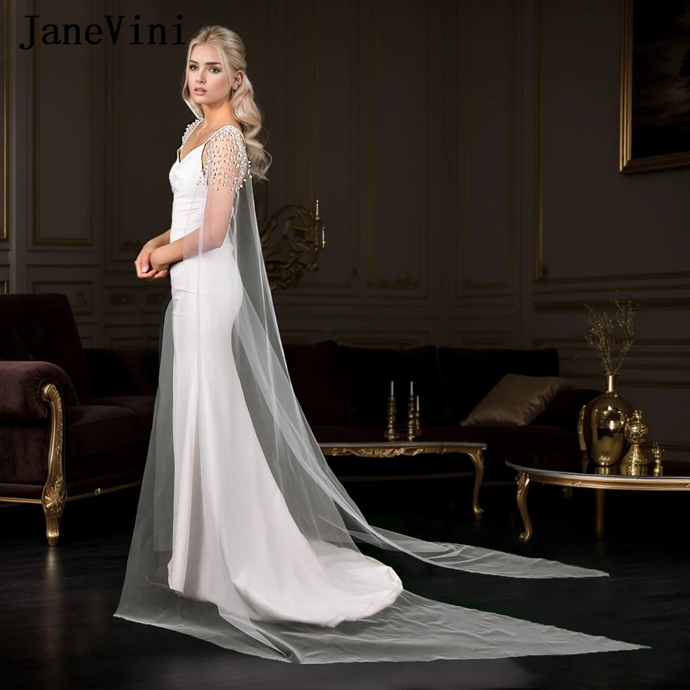 JaneVini Luxury Wedding Wrap Top With Pin Pearls Bridal Capes Shawl Bolero Braut Long Detachable Sleeves Bride Shoulder Cover