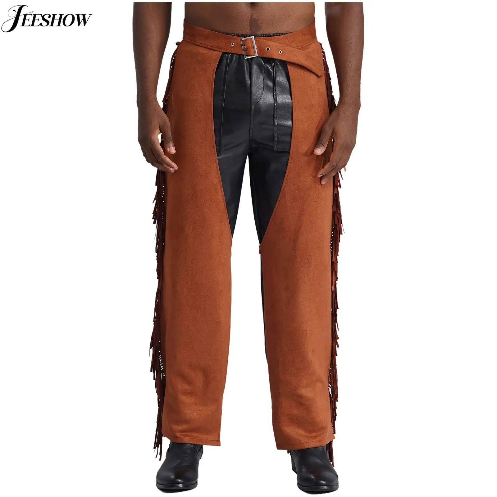 

Mens Faux Suede Leather Fringe Cowboy Chap Pants Western Cowboy Role Play Costume Tassel Hollow Out Buckled Pants Hippie Trouser