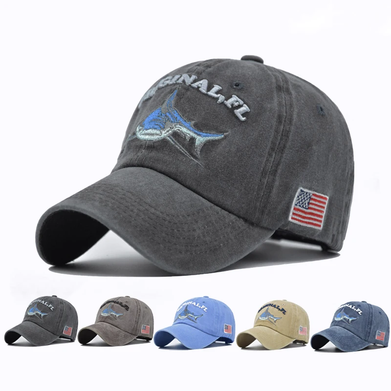 

2025 New High Quality Wash Cotton America FlagShark Men's Baseball Cap Women Snapback HatsFor Men Bone Hip Hop Dad Hat Gorras