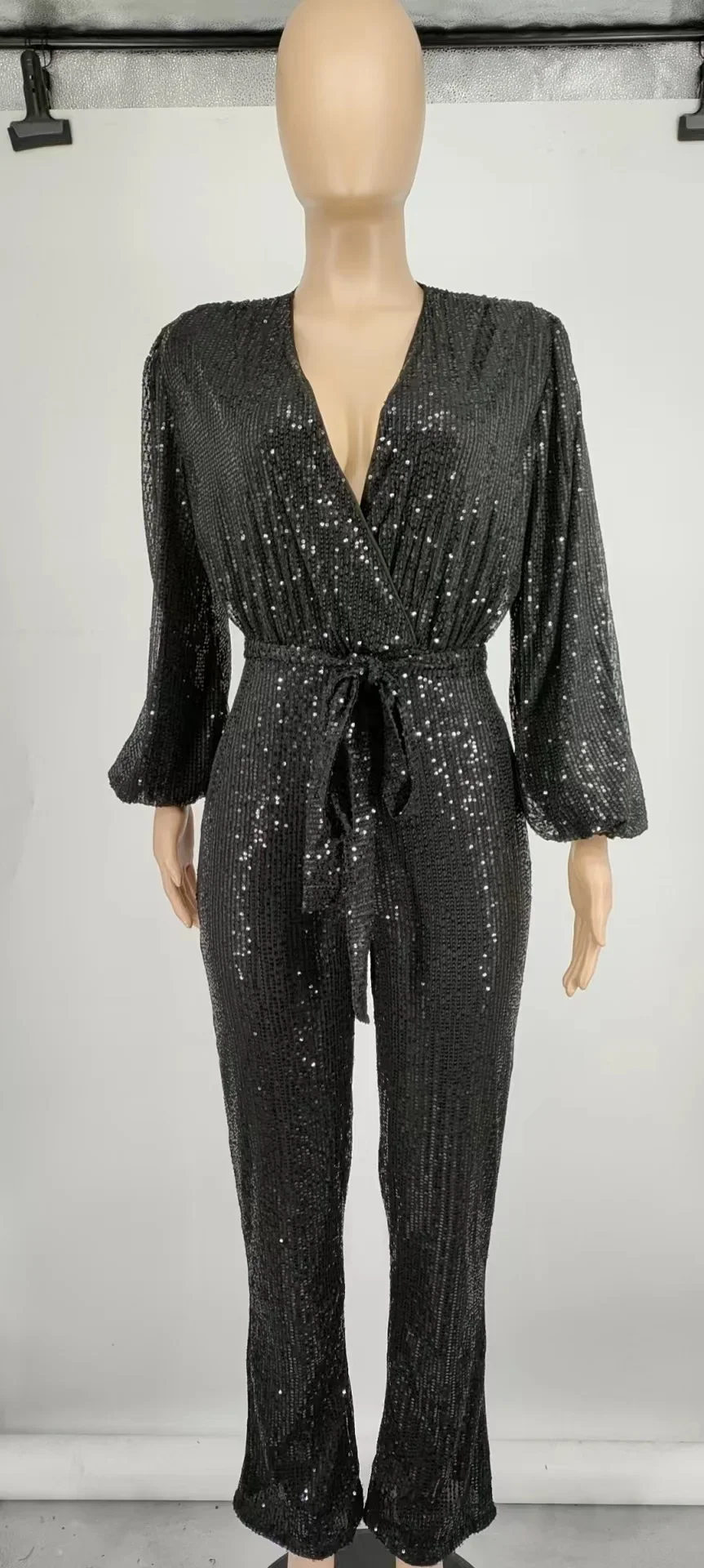 Prowow Fashion Sequined Women Jumpsuits with Belt Sexy V-neck Female Birthday Party Wear High Quality One-piece Romper Clothing