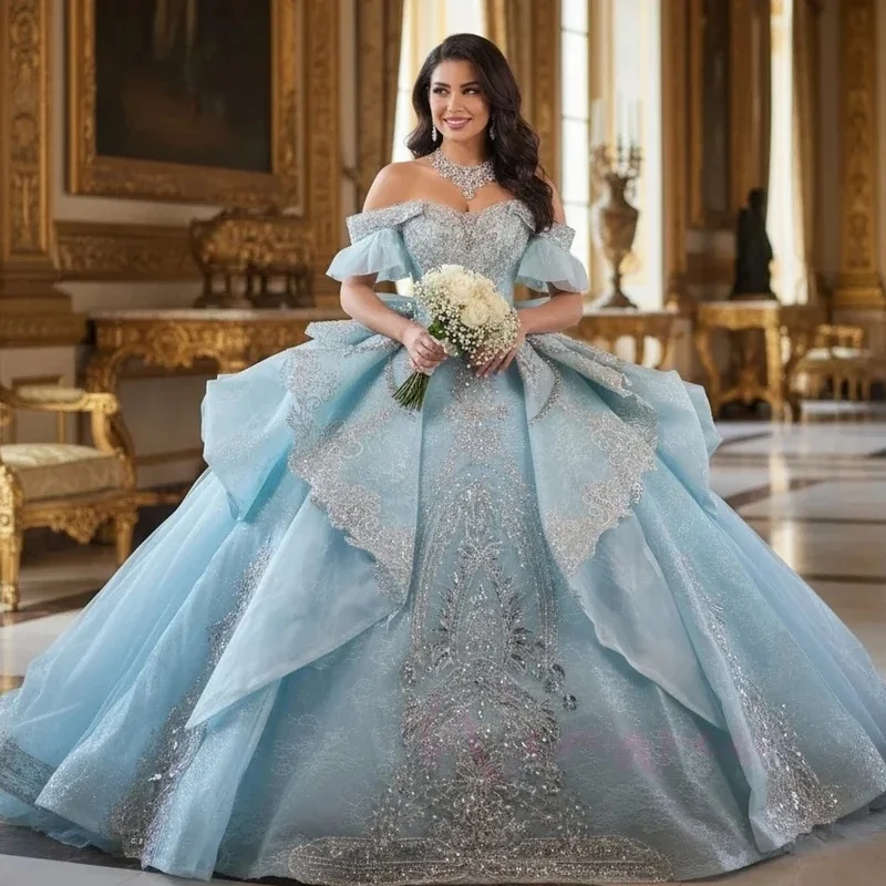 Sky Blue Charro Quinceanera Dresses Ball Gown Off The Shoulder Appliques Pearls Mexican Sweet 16 Dresses 15 Anos Customized