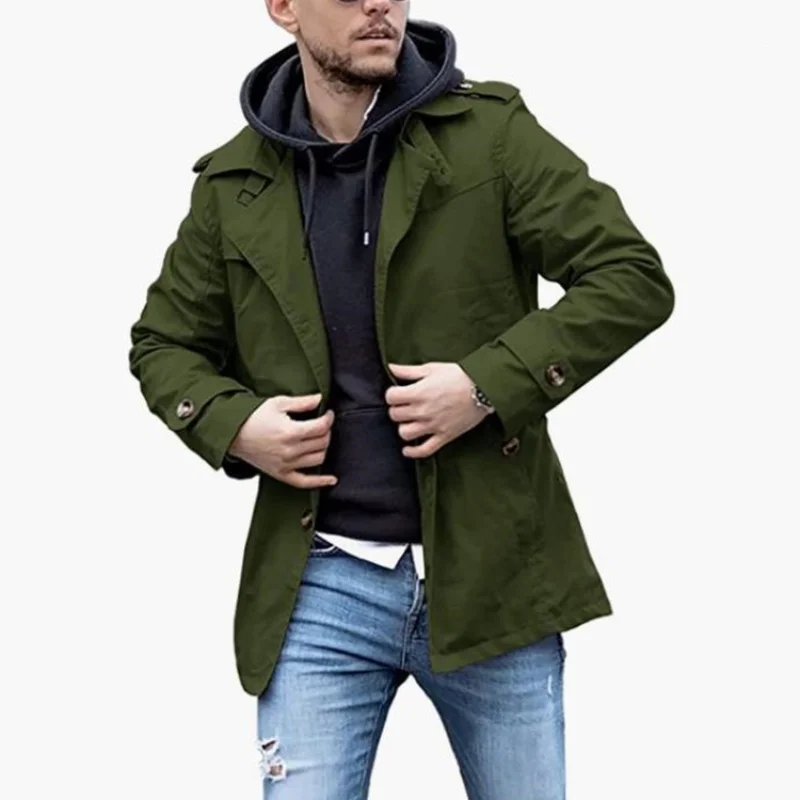 Streetwear Thin Jackets Man Matching Single-breasted Solid Jacket Mid-length Coats With Epaulettes Men\'s Clothing For Autumn