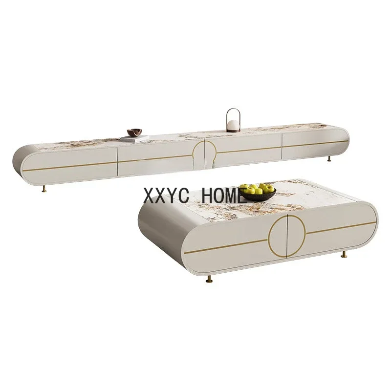

Stone Plate TV Cabinet And Tea Table Combination Modern Minimalist Living Room Home Floor Light Luxury Coffee Table TV Cabinet