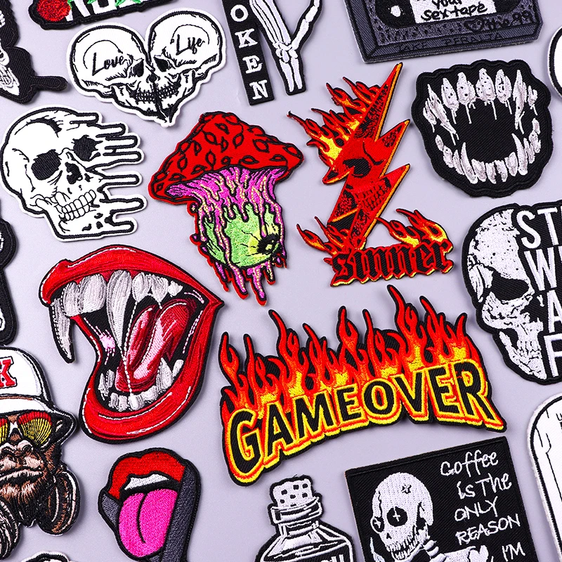 Punk Patch Rock Flame Embroidered Patches For Clothes DIY Scary Skull Iron On Patches For Clothing Jacket Embroidery Patch Badge