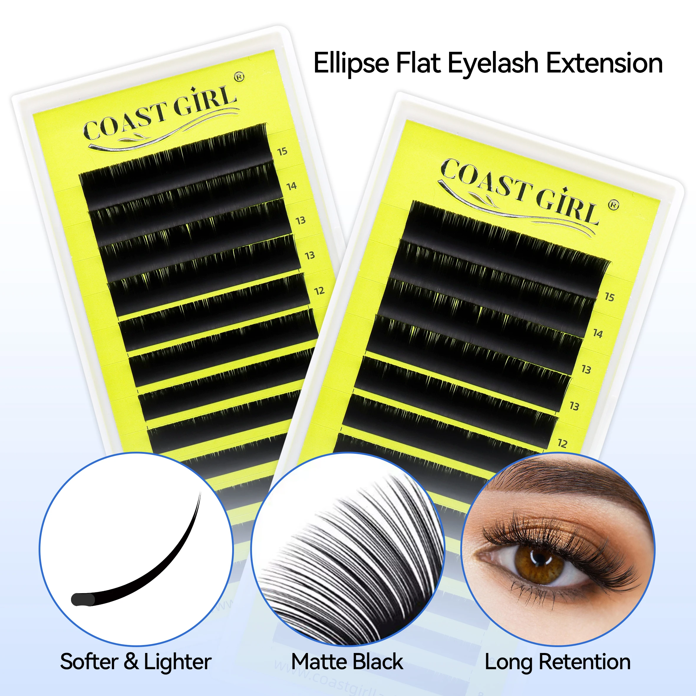 COAST GIRL Flat Ellipse Eyelashes Split Tips Matte Black Handmade Super Soft 0.15/0.20mm C/D/CC/DD Curl 8-15mm  Flat Shaped Lash