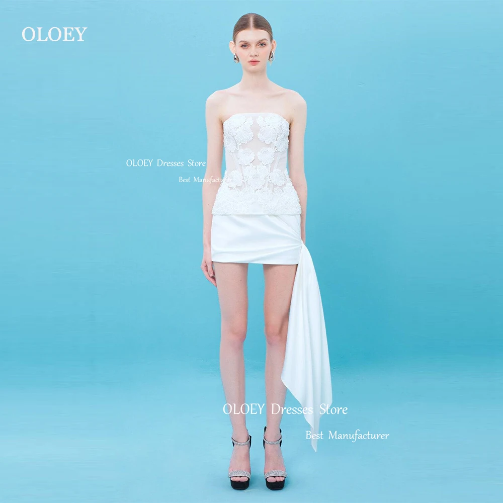 

OLOEY Ivory Mini Short Wedding Dresses Satin Strapless Korea Bride Dress Embroidery Lace Corset Party Bridal Gowns