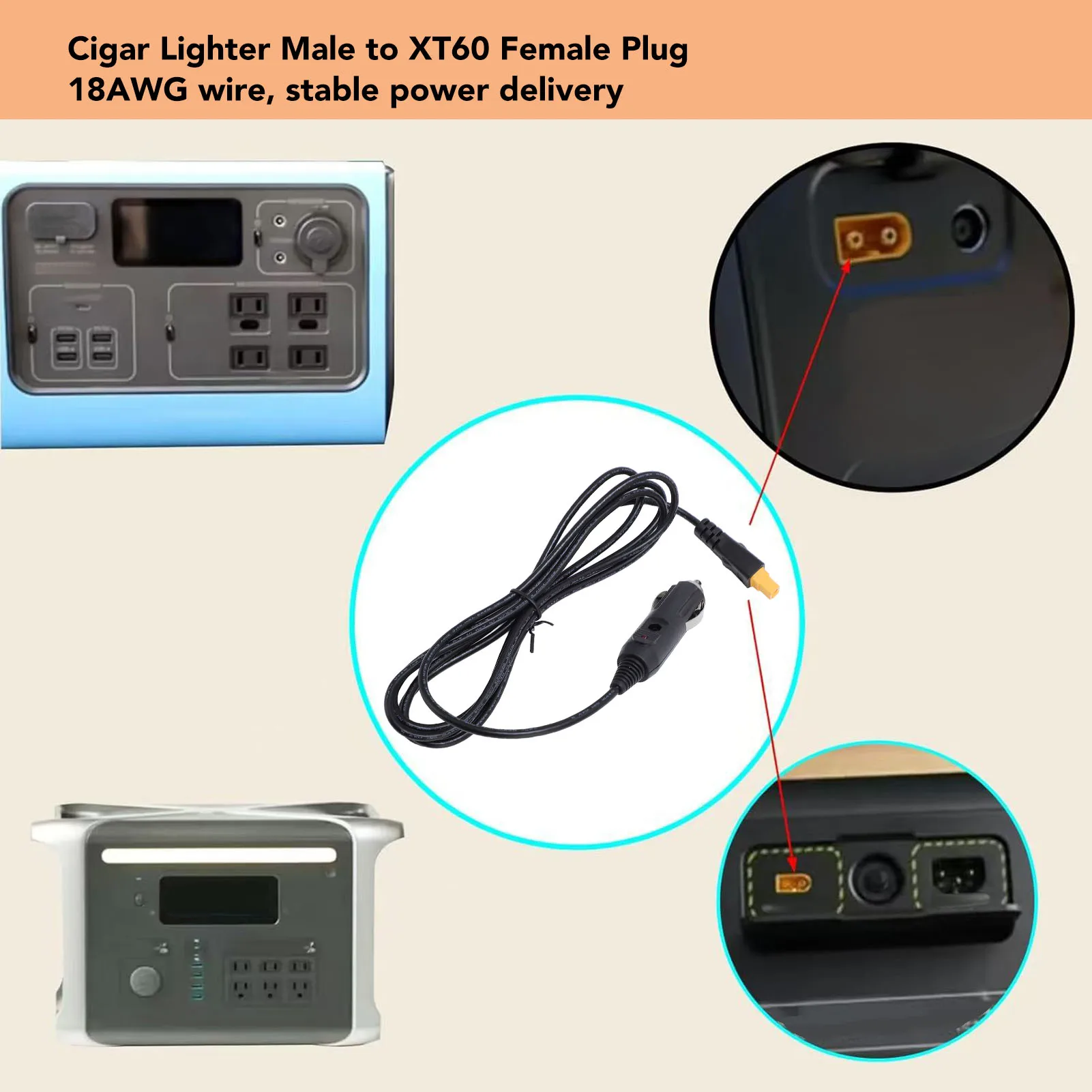Cigar Lighter To XT60 Female Cable Stable Power Transfer 9.84ft 18AWG Wire Car  XT60 Connector Cord for Solar Generator