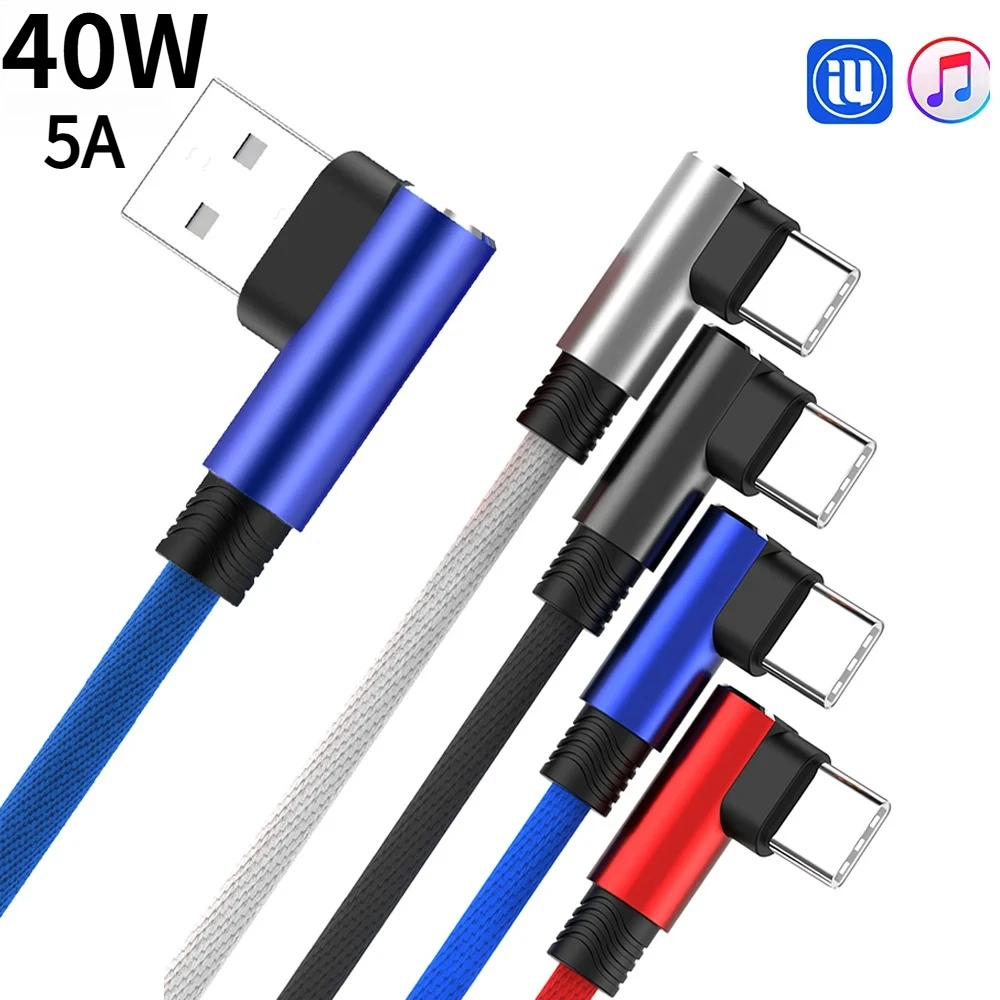 

5A 40W SuperCharge USB A to Type C Cable 90 Degree Elbow Fast Charging Braided Cord for Huawei Samsung Gaming