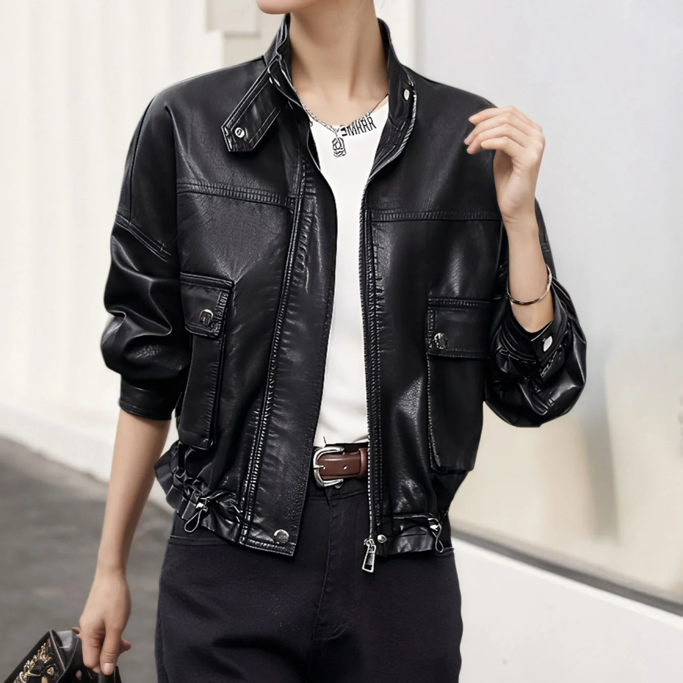

Casual American Style Short Leather Jacket Women's Spring Autumn 2025 New Hong Kong Style Compact Size PU Motorcycle Jacket