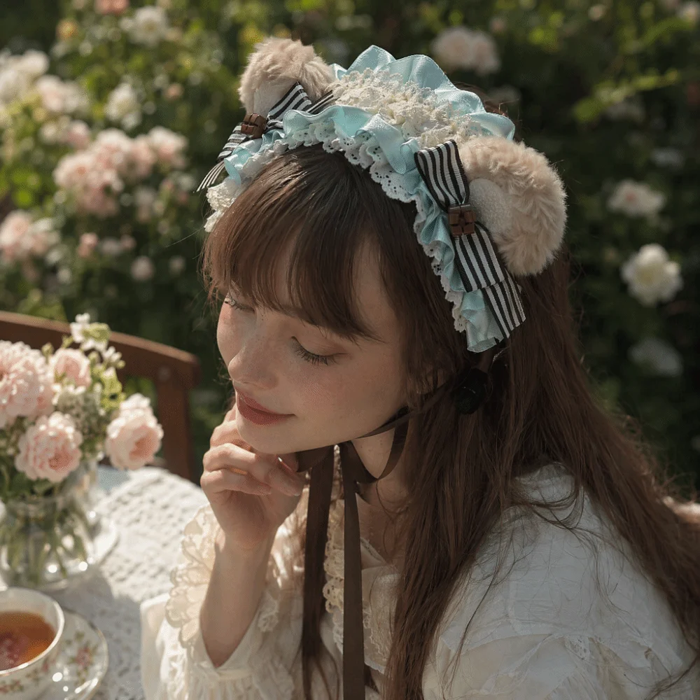 Adjustable Bear Ear Cookies Headband Lace Bow Lace-up Lolita Hair Hoop Lightweight Sweet KC Girl Hair Accessory Tea Party