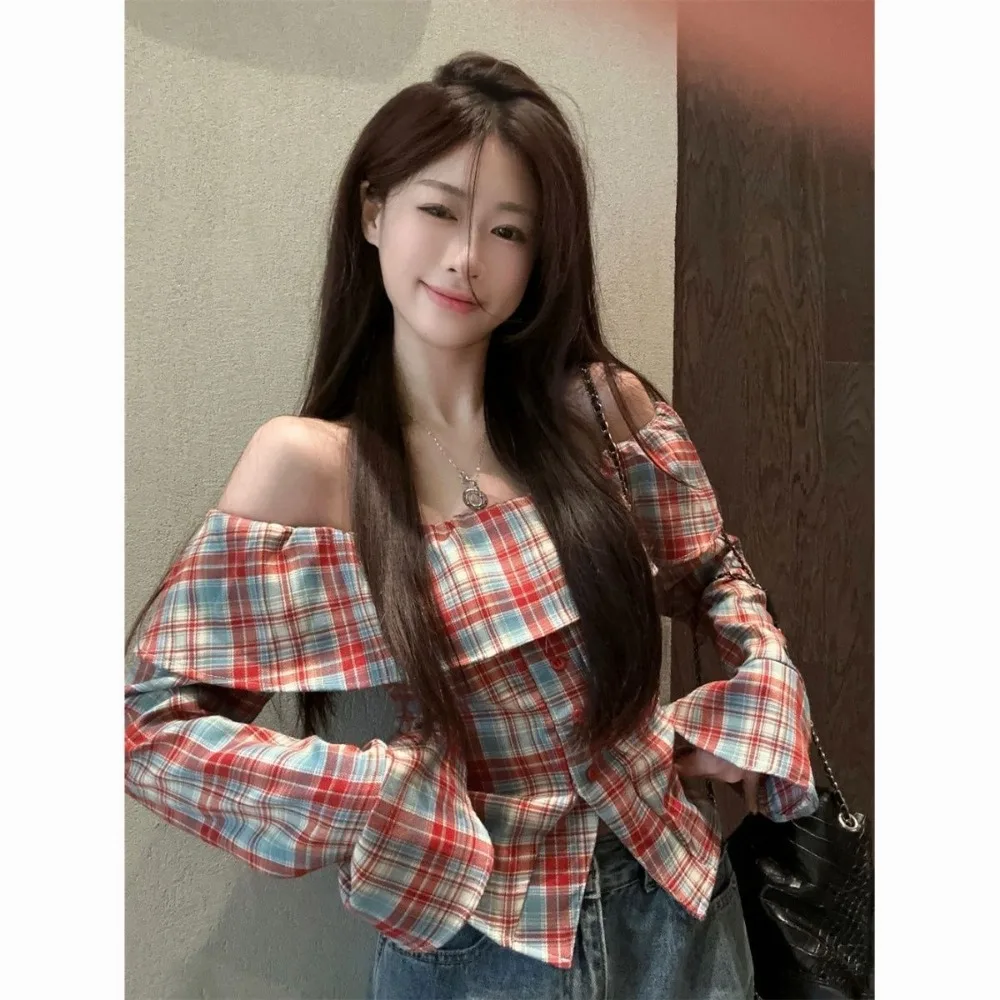 

Y2k Sweet Ruffled Plaid Shirt One-shoulder Strapless Flared Sleeves Autumn New Vintage Slim Spice Girls Shirt Women Short Tops