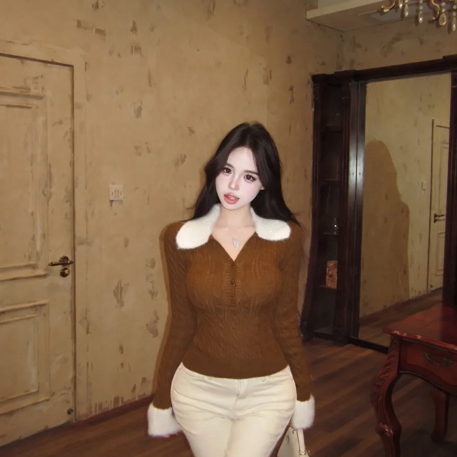 

Pure Desire Spicy Girl Knitted Sweater with Collar Twist Stripe Design Slimming Top for Women Autumn Winter New Sle