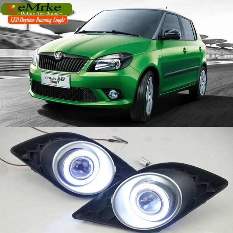 eeMrke Fog Lights For Skoda Fabia 1.4 TSI DSG RS vRS Port 2011-2014 LED Angel Eyes DRL Daytime Running Light with Halogen Bulbs