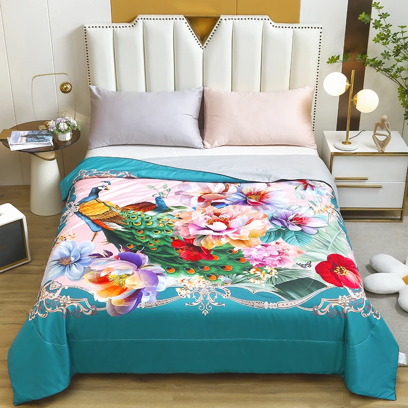 

Peacock Floral Pattern Summer Quilt Washed Silk Air Conditioning Thin Quilts for Adult Kids Home Textiles Luxury Bedding Decor