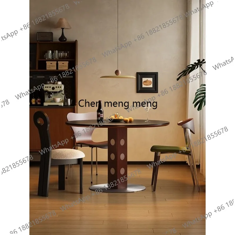 

Medieval simple solid wood dining table household small apartment, rock slab round table