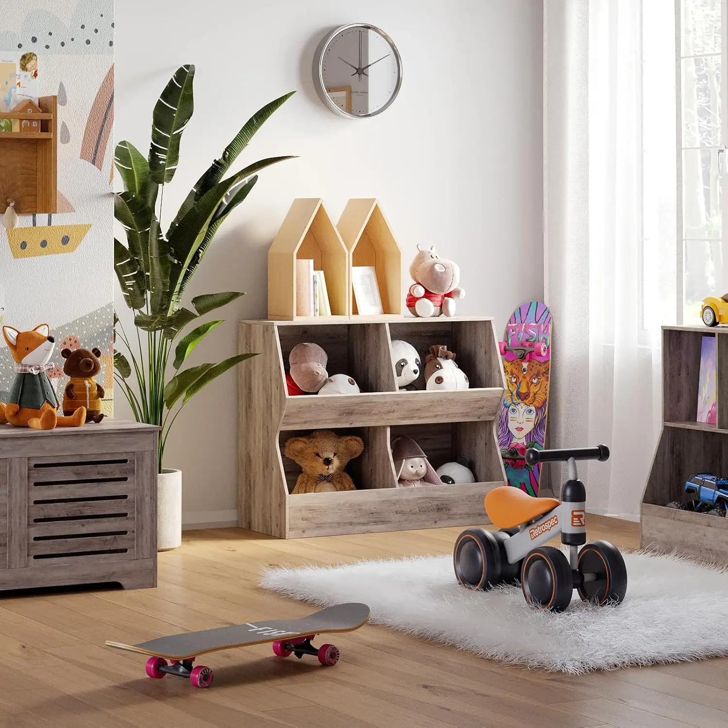 Perchero independiente con 14 ganchos, base de madera natural y altura ajustable para un fácil montaje