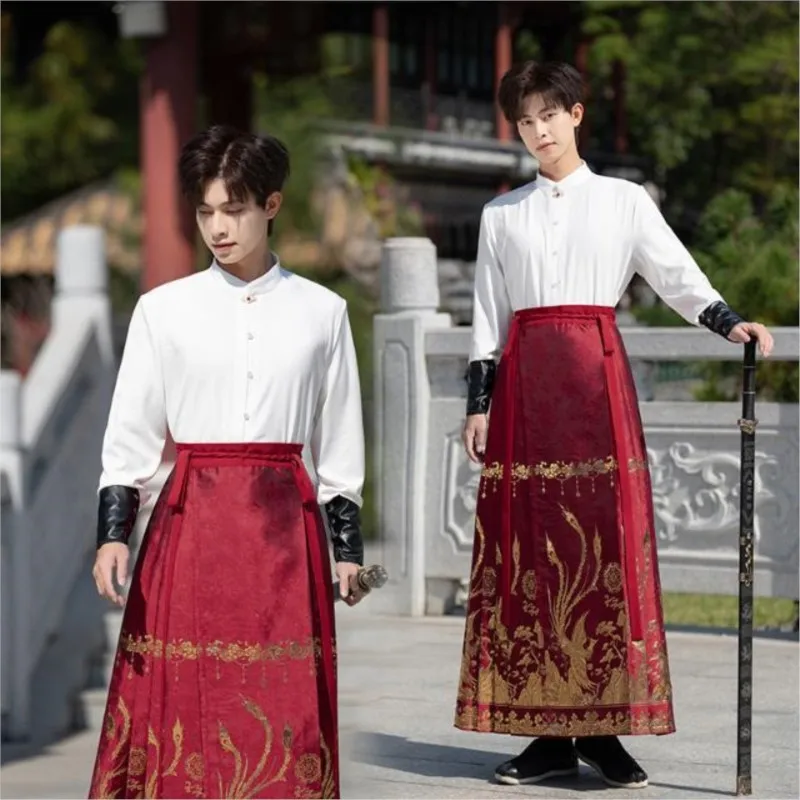 

New Ancient Chinese Clothing Men's Phoenix Woven Gold Skirt Style Stand Collar Top Year Couple