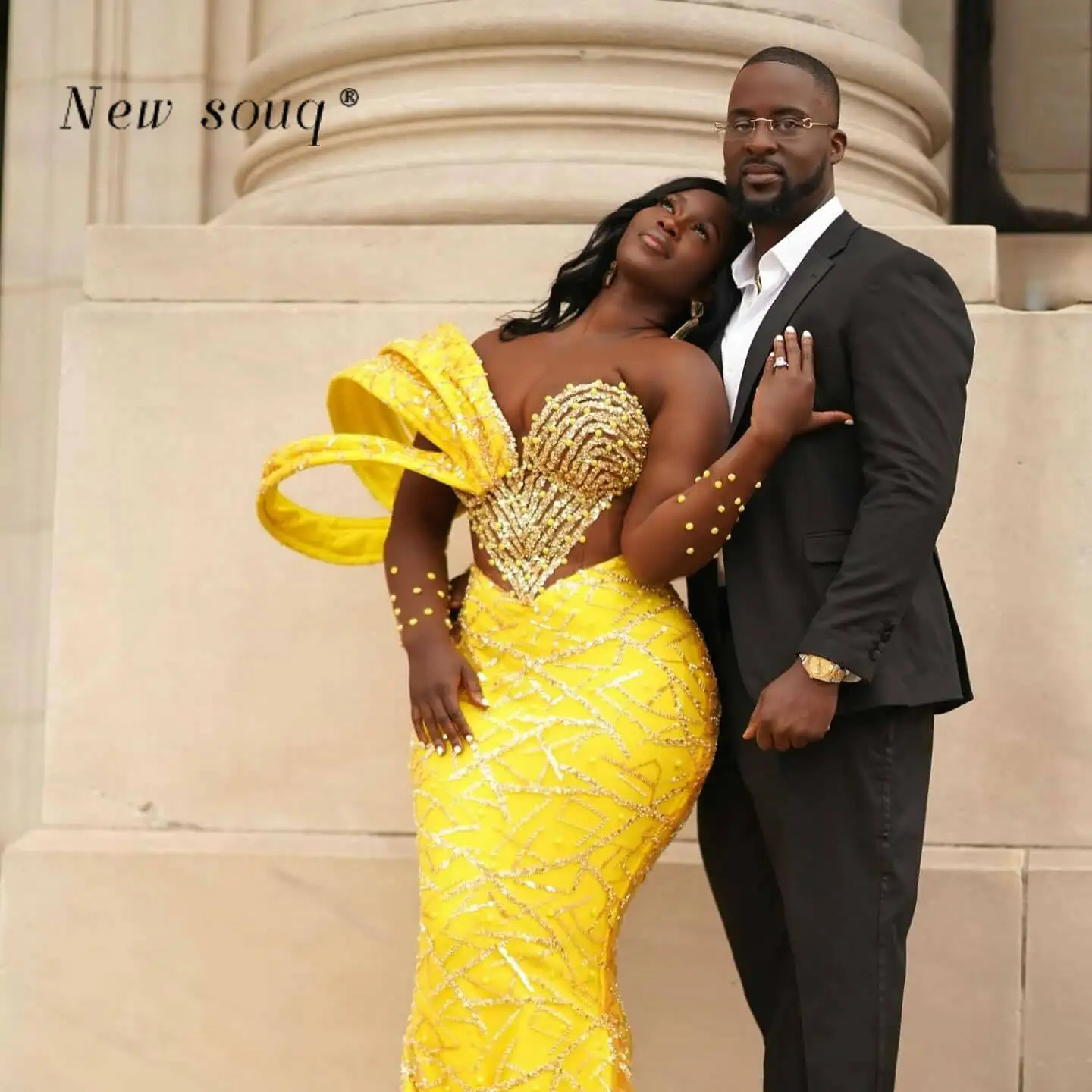 Arabic Plus Size Yellow Long Evening Party Dresss Customized African Nigerican Black Girls Sexy Cut Out Wedding Events Gowns