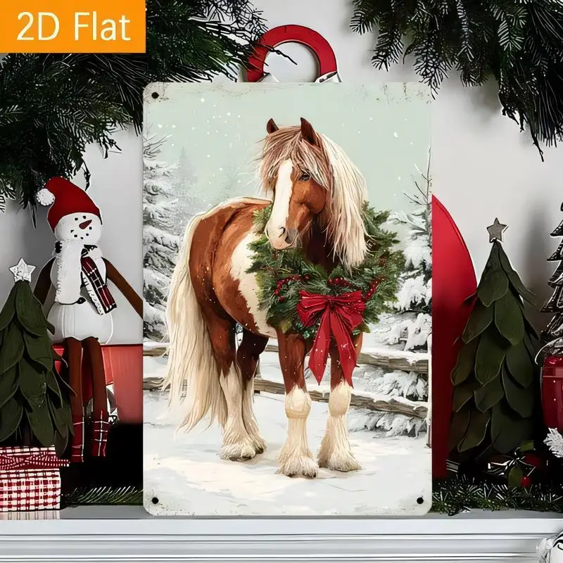Christmas Horse Wreath Vintage Metal Sign - Retro Iron Wall Art, Snowy Winter Scene, Red Bow, Xmas/Farmhouse Decor, Festive Home