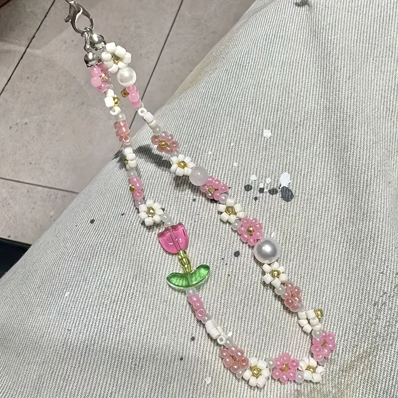 Korean Cute Pink Green Flower Beaded Phone Charms Chain For Phone Accessories Phone Strap Anti-Lost Sweet Lanyard Hanging Rope