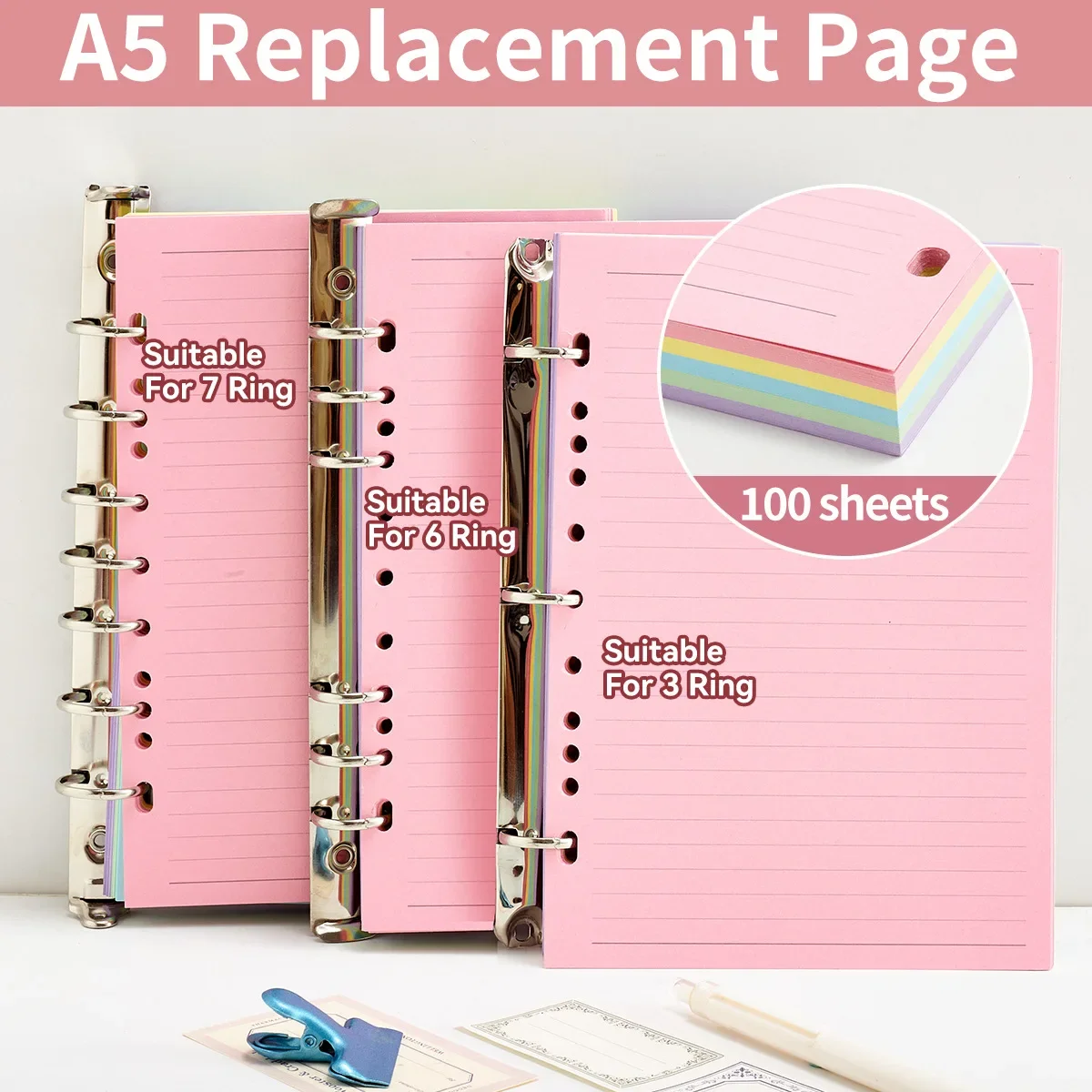 A5 Line Loose Leaf Paper with Three Holes Six Holes Seven Holes Blank Inner Page mushroom Hole Replacement Core Inner Page