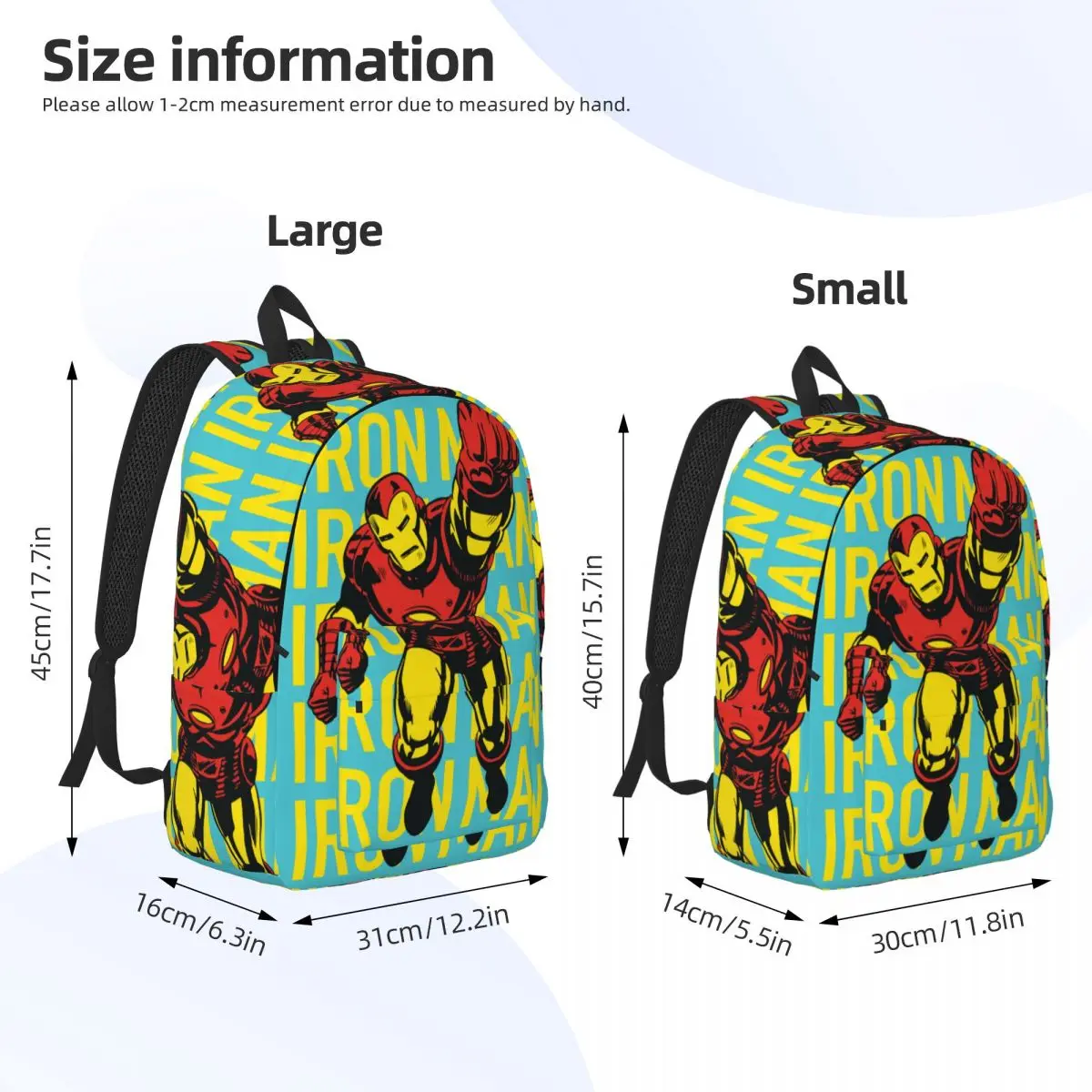 Iron Man Canvas Daypack para estudante do ensino médio, Bookbag para adolescentes, Mochila de caminhada, Escola